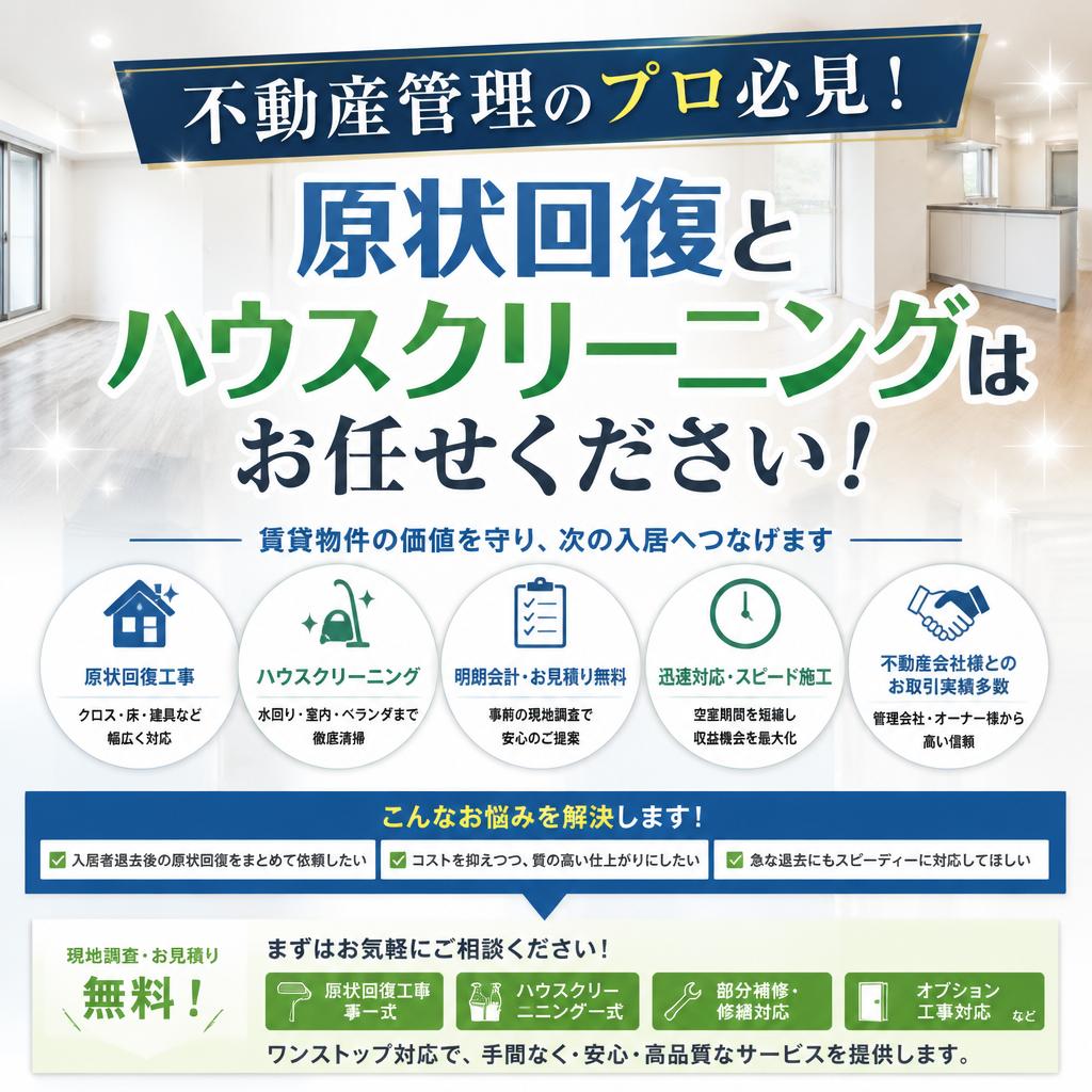 不動産管理のプロ必見！原状回復とハウスクリーニングはお任せください！